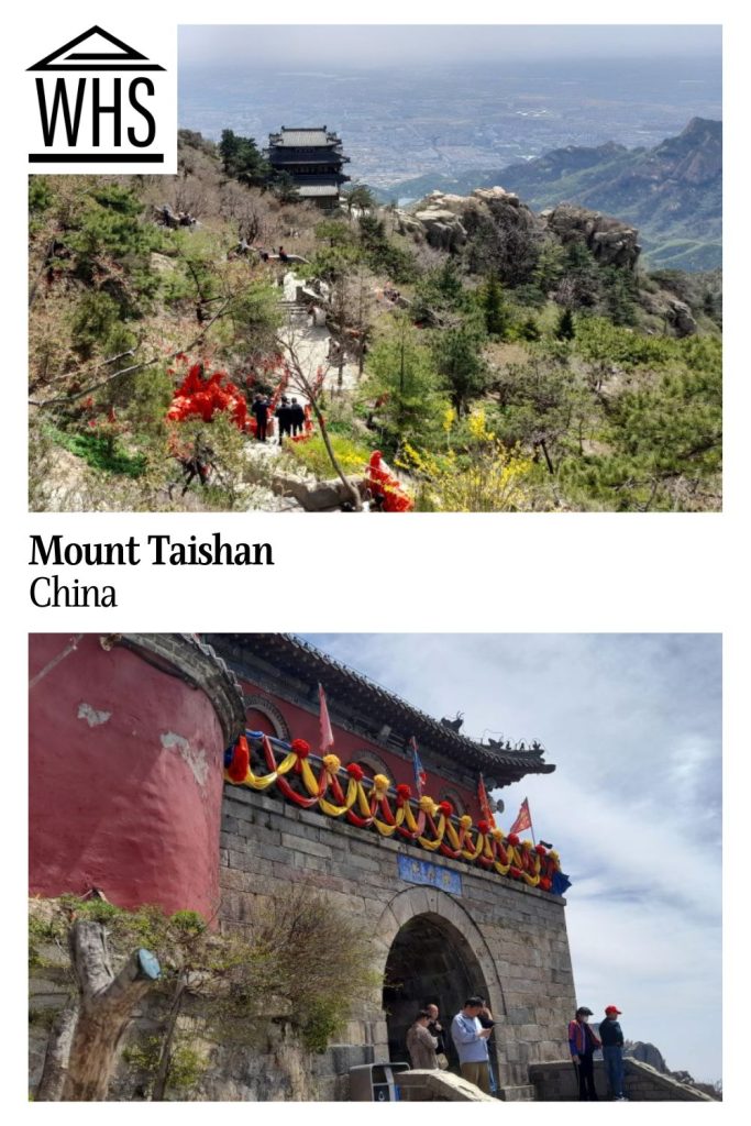 Text: Mount Taishan, China. Images: above, a view down the stairway path with a city far below; below, a temple entrance.