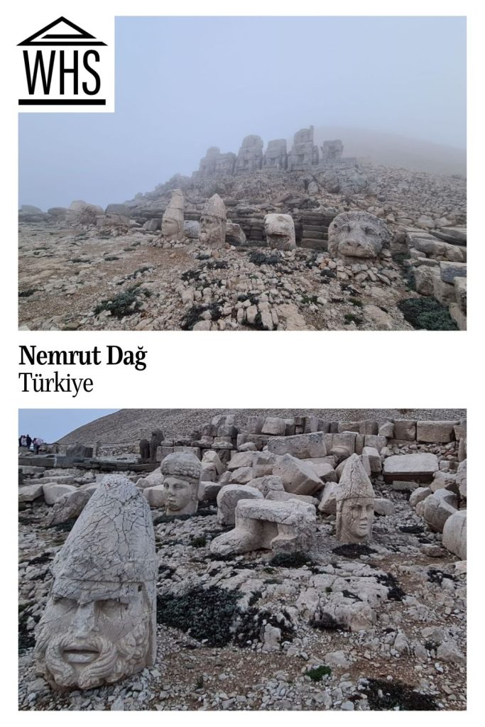 Text: Nemrut Dağ, Türkiye. Images: a distant view of the site and a closer view of some of the statue fragments.