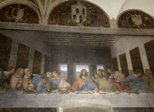 A partial image of The Last Supper by Leonardo da Vinci, a fresco.