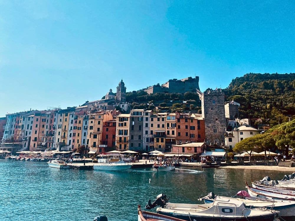 The harbor is edged with moored boats, and on the far curve of the bay is a row of tall narrow pastel-painted buildings.