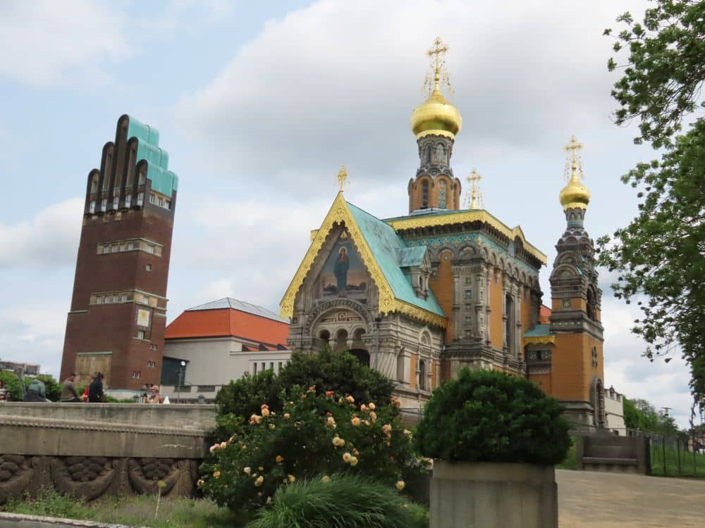 The tall Wedding Tower and the ornate, gold-domed Russian Chapel at Mathildenhöhe Darmstadt.