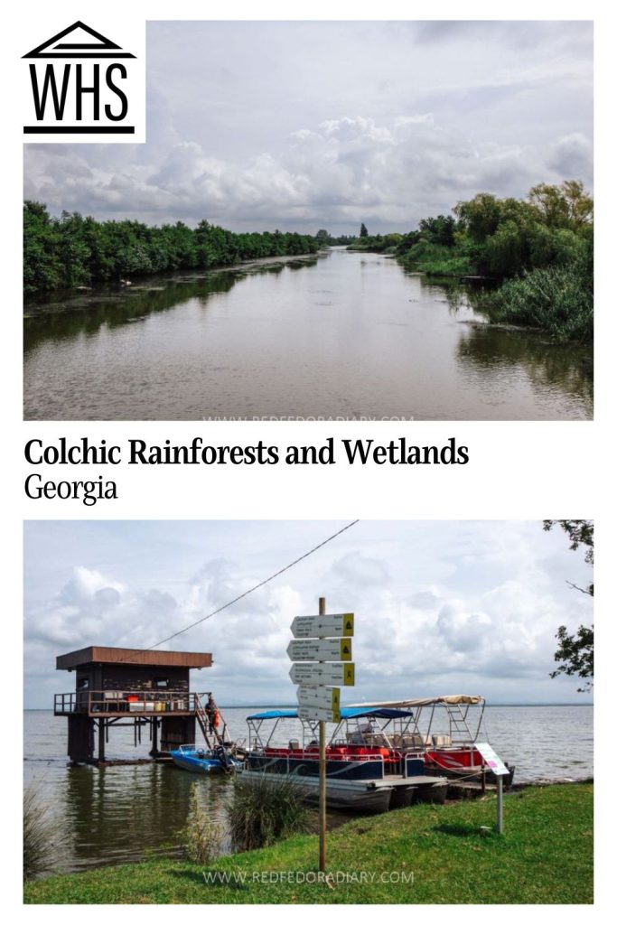 Text: Colchic Rainforests and Wetlands, Georgia. Images: above, a river through wetlands; below, a boat moored on a lake.