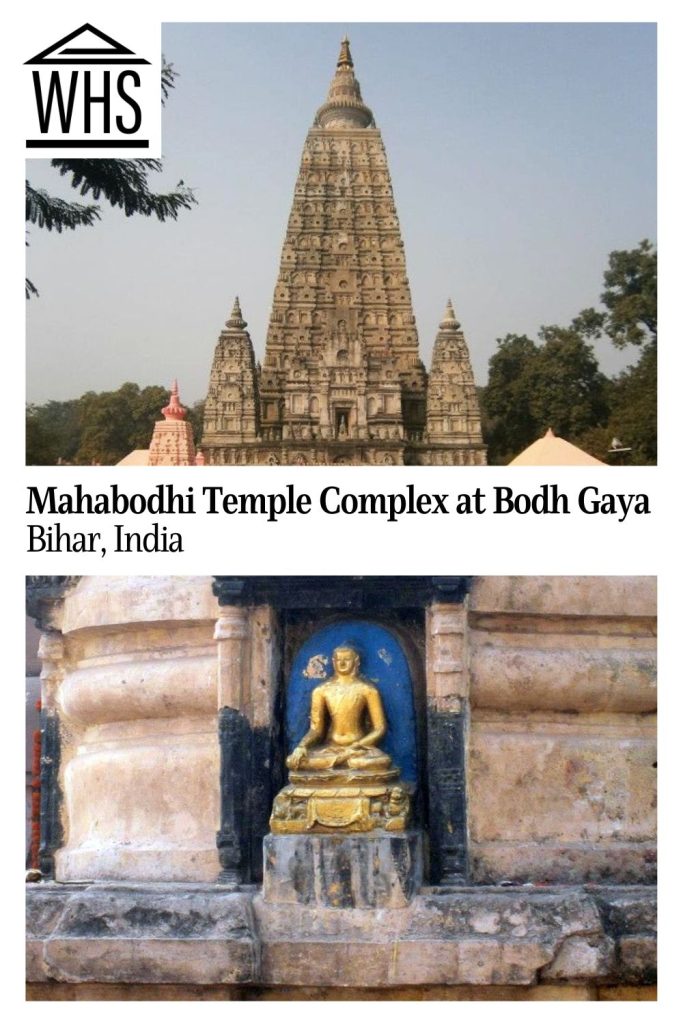 Text: Mahabodhi Temple Complex at Bodh Gaya, Bihar, India. Images: above: the main temple; below, a buddha statue.