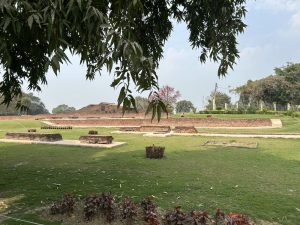 A view of one of the ruined buildings at the Archaeological Site of Nalanda Mahavihara: mostly just low, brick foundations.