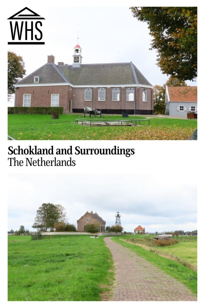 Text: Schokland and Surroundings, The Netherlands. Images: above, a small brick church; below, a path to a house and beacon in the distance.