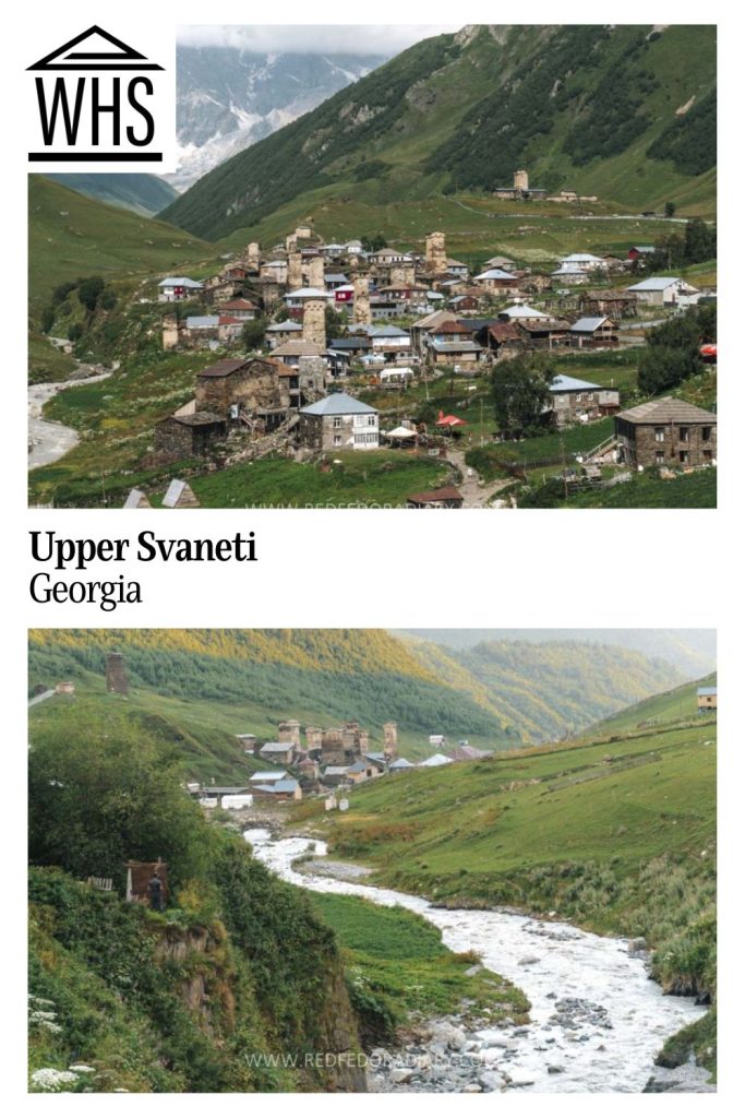 Text: Upper Svaneti, Georgia. Images: above, a view of a village in a valley; below, a village in the distance looking along a rushing stream.