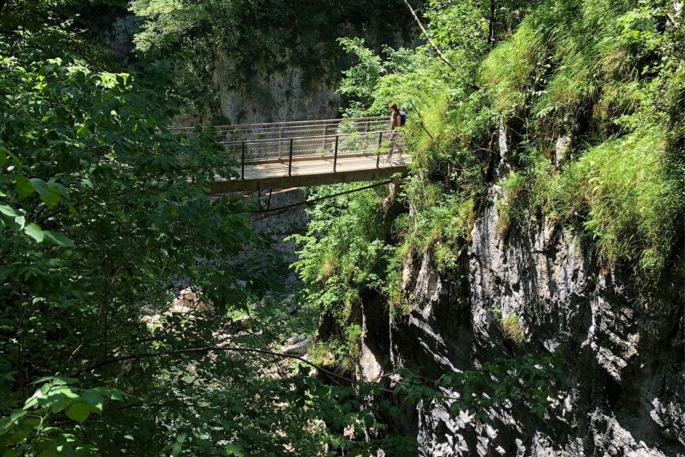 A wooden footbridge over a gorge at Skocjan Caves.