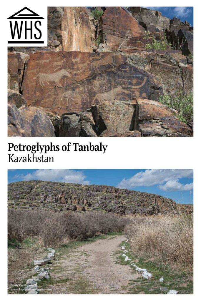 Text: Petroglyphs of Tanbaly, Kazakhstan. Images: above, some petroglyphs; below, a view of the rocky hill where the petroglyphs are.