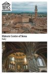 Text: Historic Centre of Siena, Italy. Images: above, a view into the city; below, inside the cathedral.