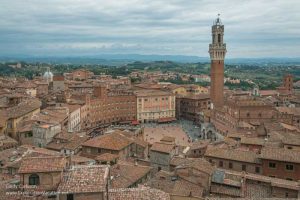 View over the Historic Centre of Siena with the Piazza del Campo in the middle and a tall bell tower.
