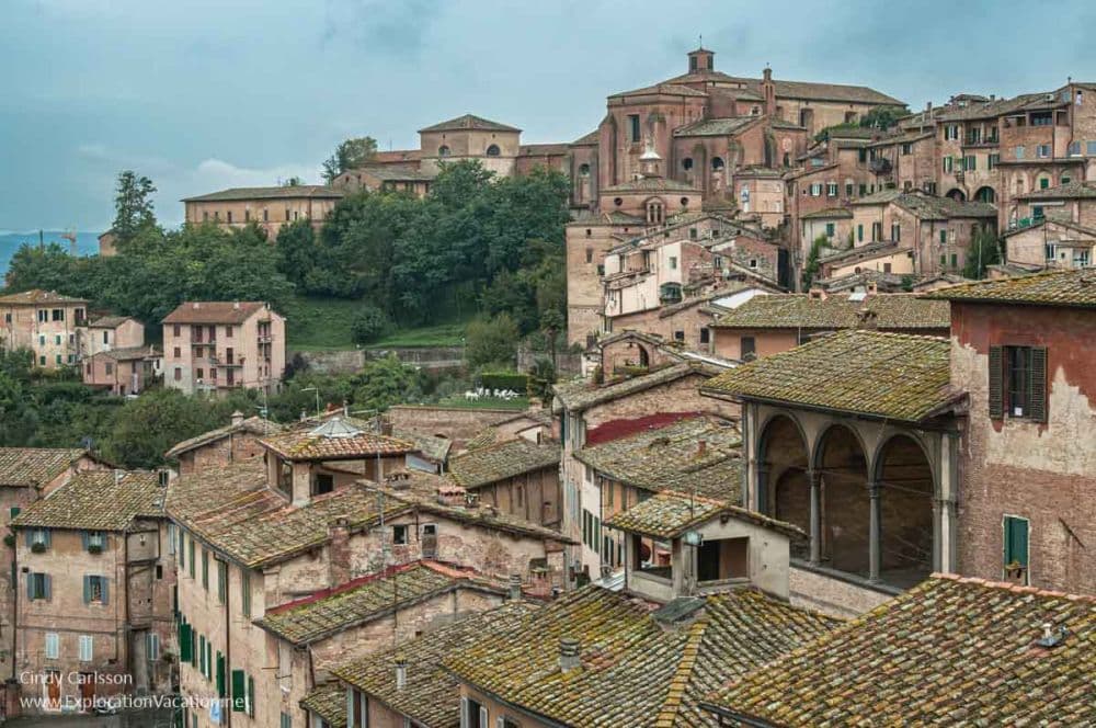 View of part of the city - jumble of red-roofed buildings on a hill.
