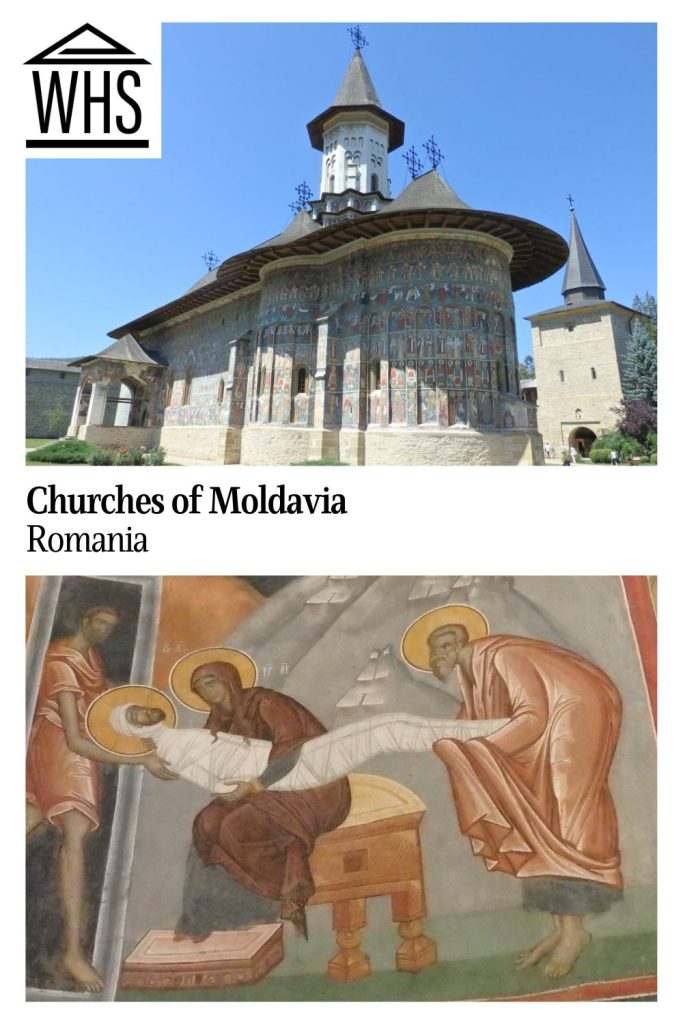 Text: Churches of Moldavia, Romania. Images: above, a church; below, a religious fresco.