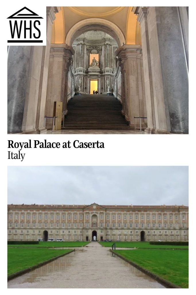 Text: Royal Palace at Caserta, Italy. Images: above, the grand staircase; below, a view of the palace.