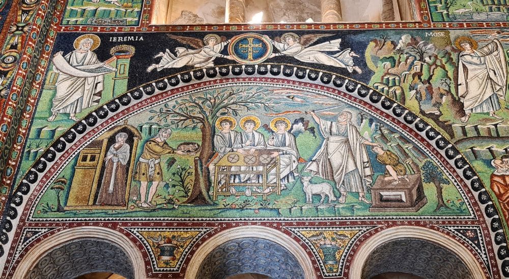 A mosaic showing Abraham about to sacrifice Isaac, with a hand reaching out of the sky to stop him.