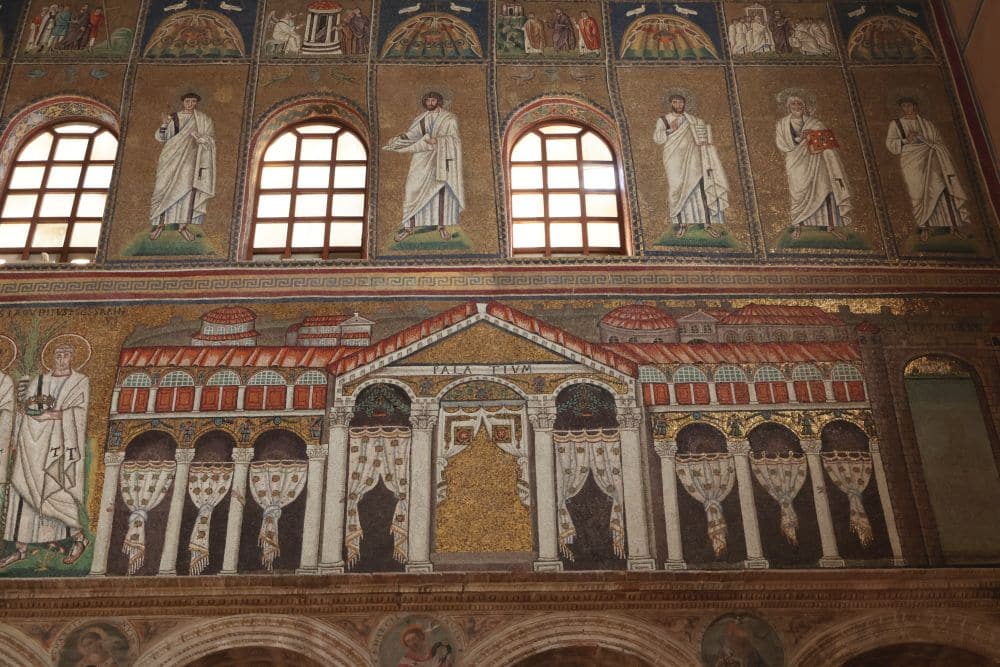 At bottom, a mosaic of a palace. Above that, a row of saints, and above that, very small images of bible stories.