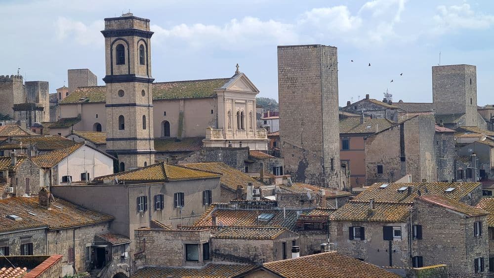 A pretty cluster of buildings, all stone with red roofs, with, among them, a square tower, a church and a tall bell tower.