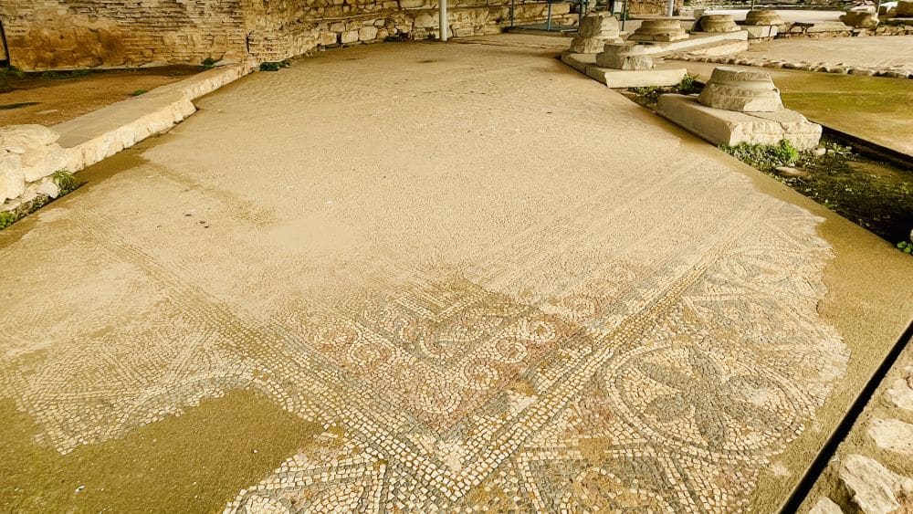 A large area of excavated floor with a very faded mosaic covering it with patterns of waves and flowers..