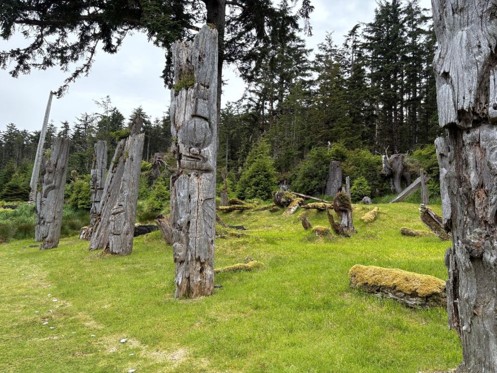 Several weathered poles, widely spaced, made of thick tree trunks, each with carvings of animals and people.